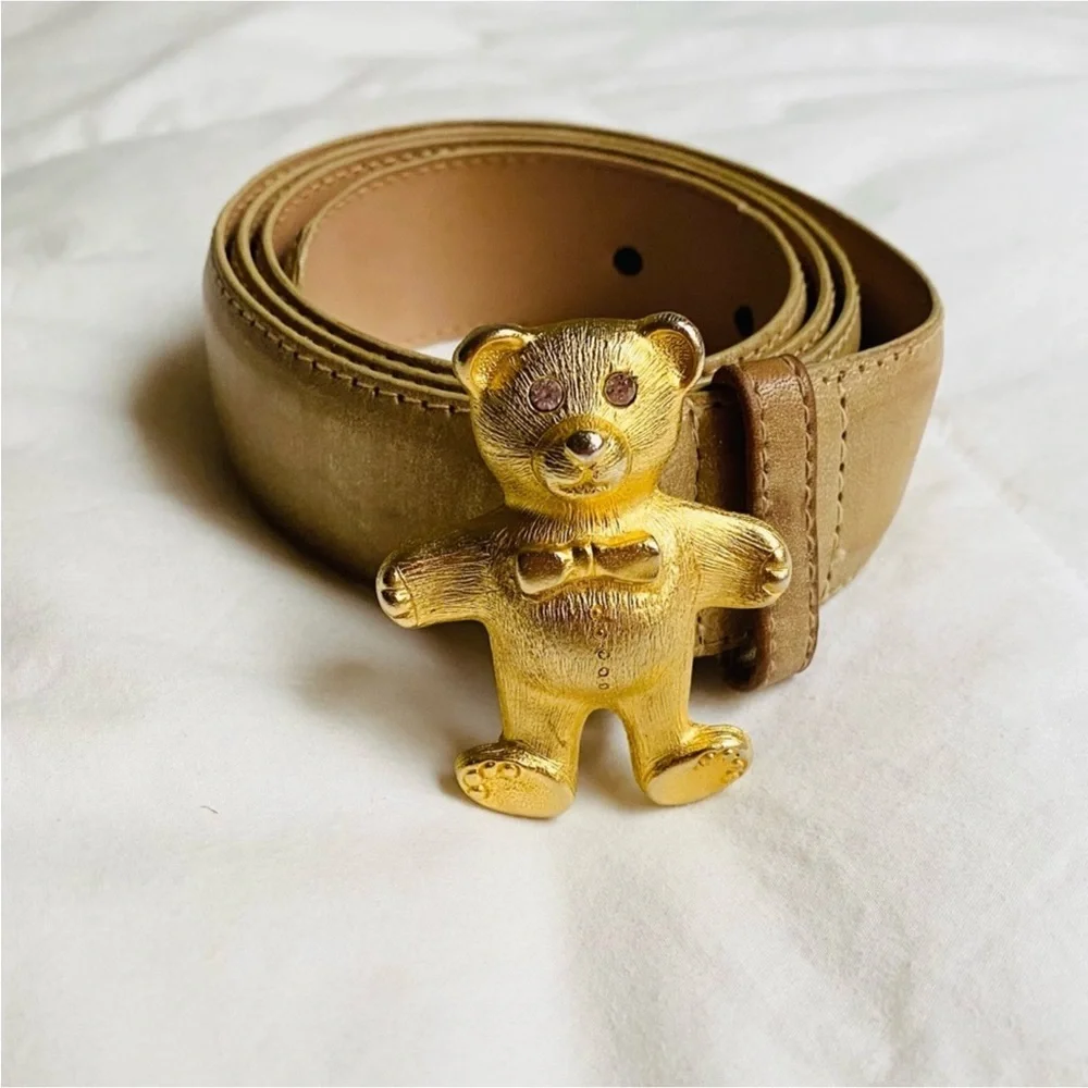 Gail Labelle Gold MetaloTeddy Bear Leather Belt SZ L - Picture 2 of 6